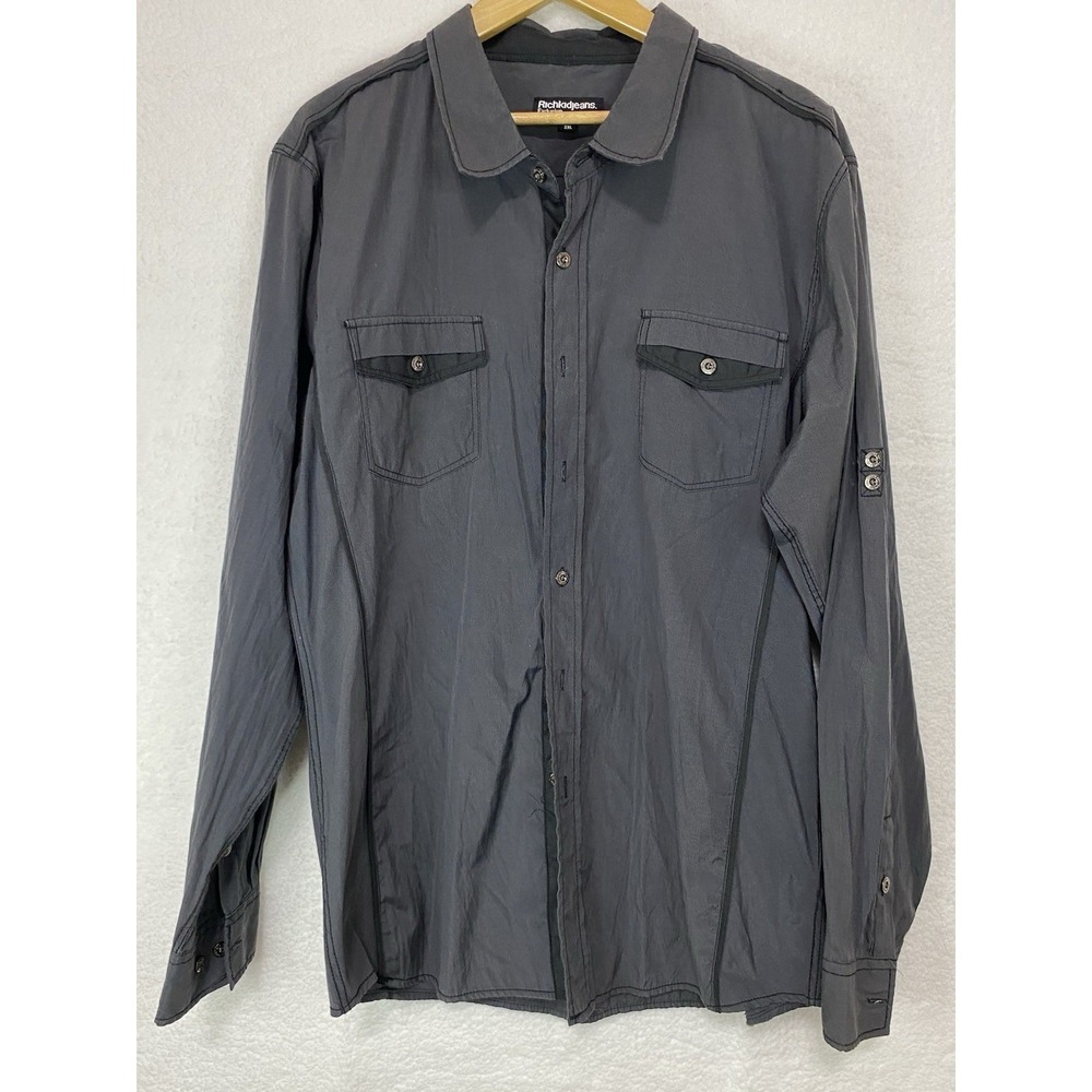 VINTAGE RICH KIDS JEANS MENS BLACK BUTTON UP SHIRT 2X RETRO Y2K WESTERN